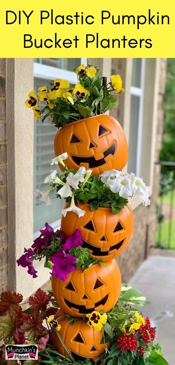 diy plastic pumpkin bucket planters 5