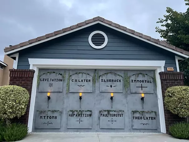 Halloween garage door crypt wall facade