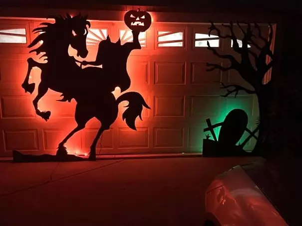Halloween garage door silhouette headless horseman