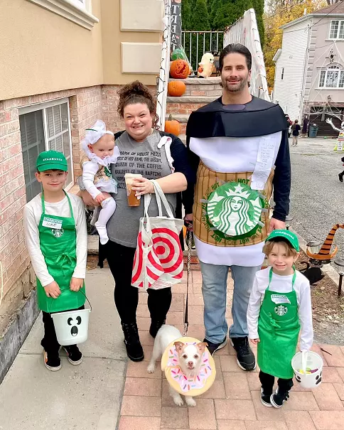 Matching costume ideas with dog Starbucks